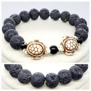 Black Lava Rock Dual Sea Turtles Beaded Stretch Elasticized Bracelet Unisex